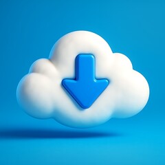 3d cloud icon with down arrow symbol on blue background