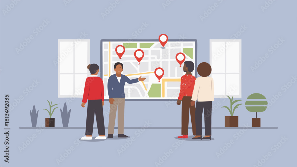 Poster group of people gathered around a map with location markers in an office setting with plants and win