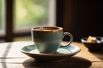 Ceramic mug in peaceful light on vintage wooden surface