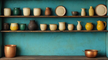 Handcrafted and Organic Concept. Rustic Pottery Collection on Shelf with Turquoise Background and Natural Textures