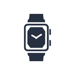 Dark blue digital watch icon with white face and hands on white background time clock
