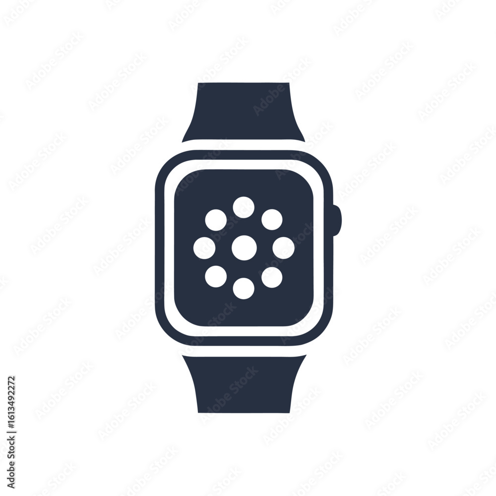 Poster dark blue smartwatch icon with circular display pattern on white background technology device
