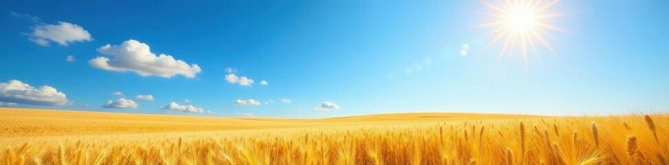Obraz premium Sun-drenched wheat field, boundless blue sky above, summer, sun, texture
