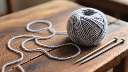 Ball of gray yarn with metal knitting needles on rustic wooden table, cozy handmade craft concept in soft natural light