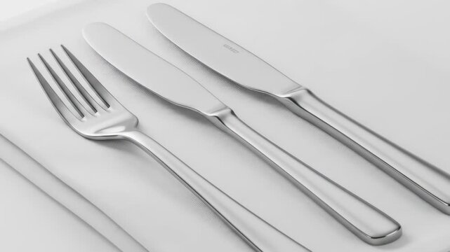 A trio of sleek silverware rests upon a folded white napkin, with a fork to the left and two knives in the center and right