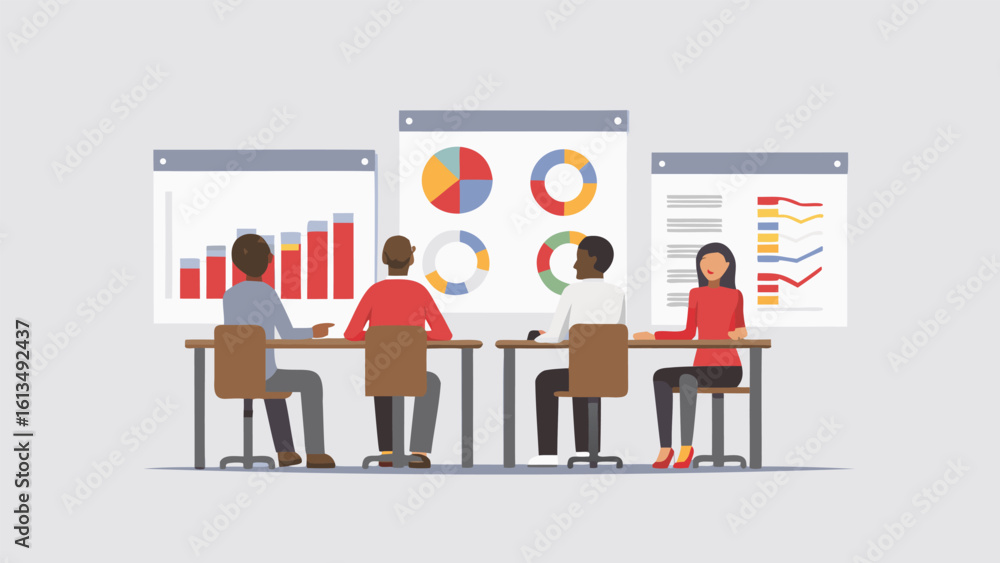 Poster people sitting at desks in front of charts and graphs in a meeting presentation environment setting