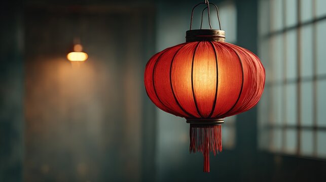 A bright, round red lantern hangs, illuminated against a blurred background. A secondary light source is faintly visible