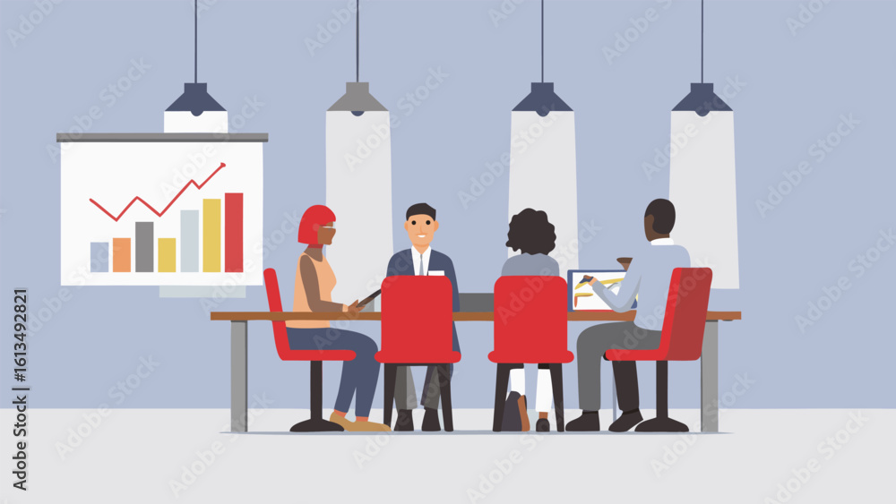 Poster group of diverse professionals in a meeting room discussing charts and graphs on a presentation scre