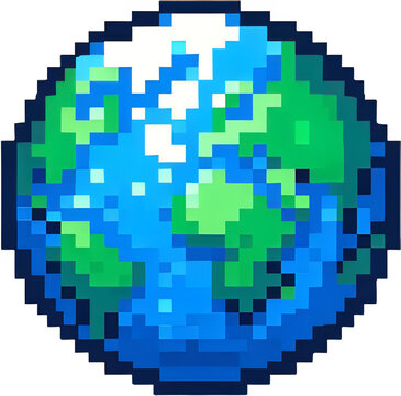 Planet Earth in pixel style. Vector illustration, Pixel art globe illustration showcasing continents and oceans, perfect for gaming, technology, and environmental themes. Generative AI