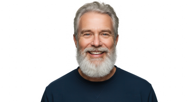 Smiling Elderly Man With Grey Beard And Hair On Transparent Background