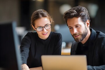 A woman and a man are working together at a desk.