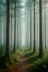 Obraz premium Misty forest path surrounded by tall trees and ferns