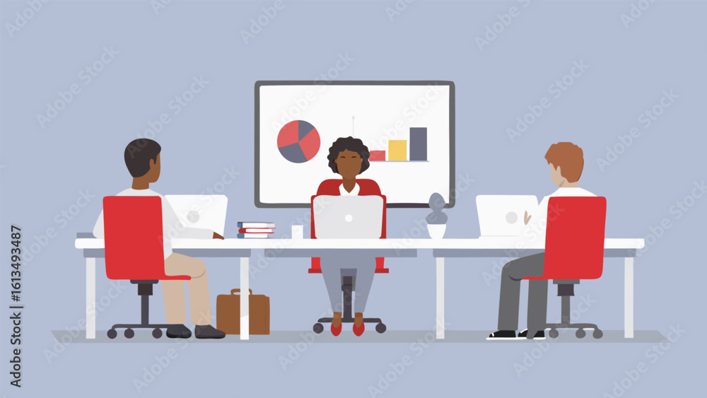 Poster illustration of three people working at a table with laptops and a whiteboard with charts behind the