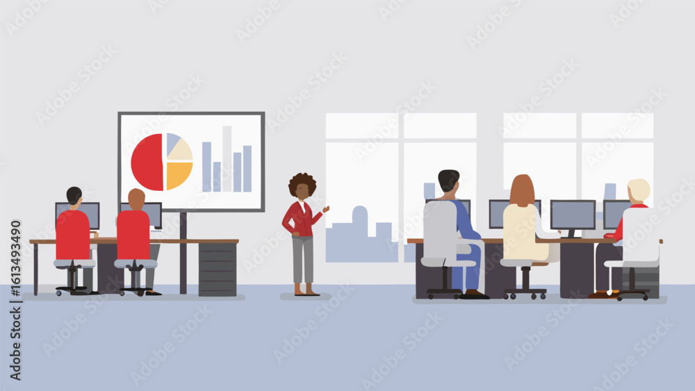 Poster illustration of a presenter standing near a chart with people working on computers in an office spac