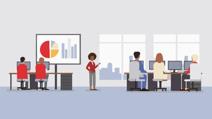 Illustration of a presenter standing near a chart with people working on computers in an office space