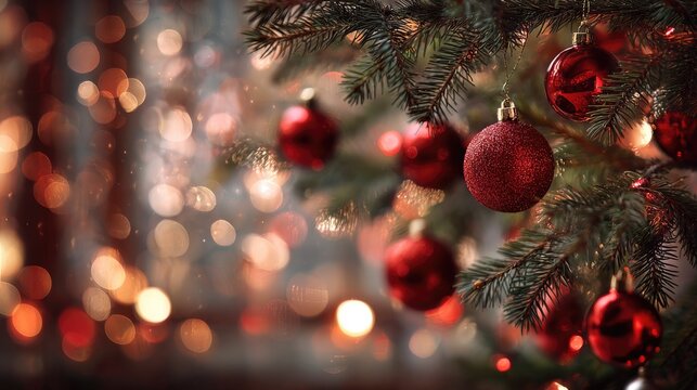 Close up of christmas tree with red bokeh balls in the background
