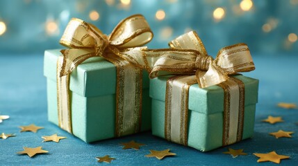 green gifts with gold bows and ribbons