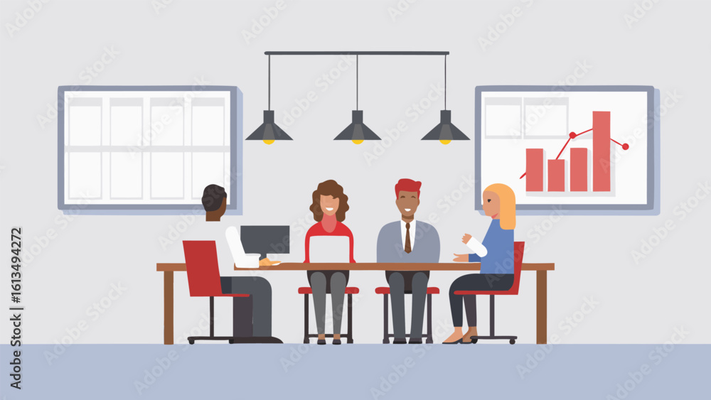 Poster meeting room scene with four people at a table with laptops and a graph on the wall behind them