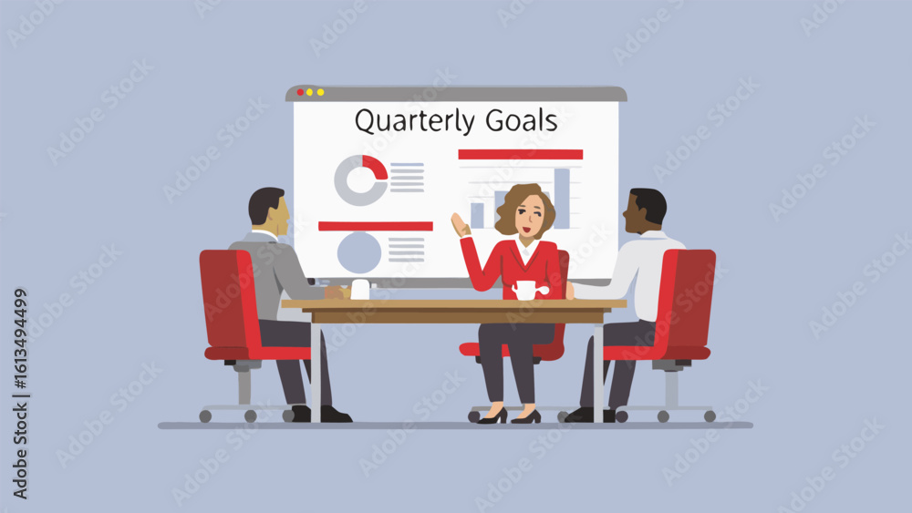 Poster three people at a table discussing quarterly goals with charts and graphs on a screen in the backgro