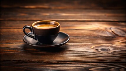 Obraz premium Aromatic Espresso in Dark Ceramic Cup on Rustic Wooden Table