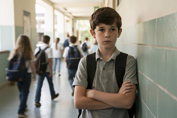 Fototapeta premium Anxious schoolboy with backpack standing isolated while blurred students pass in hallway, emotional contrast, realistic lighting, selective focus on sharp face