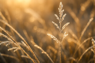 Fototapeta premium Golden sunlight illuminating dew-covered grass in tranquil landscape