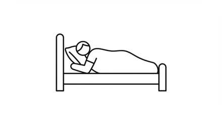 Person sleeping in a bed with a pillow and blanket in a line drawing style on a white background
