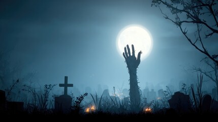 Zombie Hand Rising Out Of A Graveyard In Spooky Night