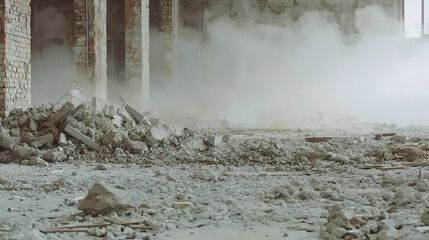 Interior demolition site, debris-filled floor, dusty air.  Heavy brick and concrete rubble cover the floor.  Visible support columns, and thick fog of dust