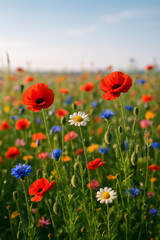 Obraz premium Vibrant wildflowers blooming in a colorful meadow under blue sky