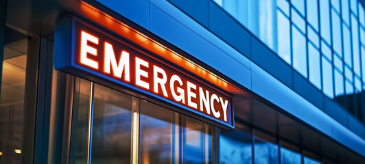 Emergency sign illuminated at hospital entrance during twilight hour
