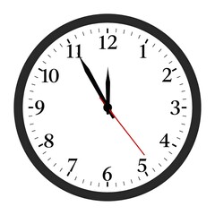 Analog Clock Face with Minute, Hour, and Second Hands Showing 11:57, An Illustration of a Clock with Visible Hour, Minute, and Second Hands
