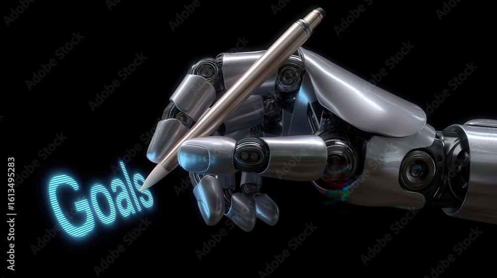 Poster autonomous ai agent showcasing main capabilities and self-directed goals—a robotic hand holding a pe