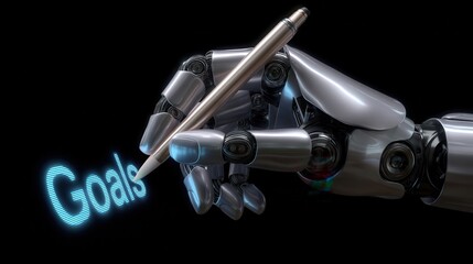 Autonomous AI Agent showcasing main capabilities and self-directed goals—a robotic hand holding a pen writes the glowing word "Goals" against a black background.