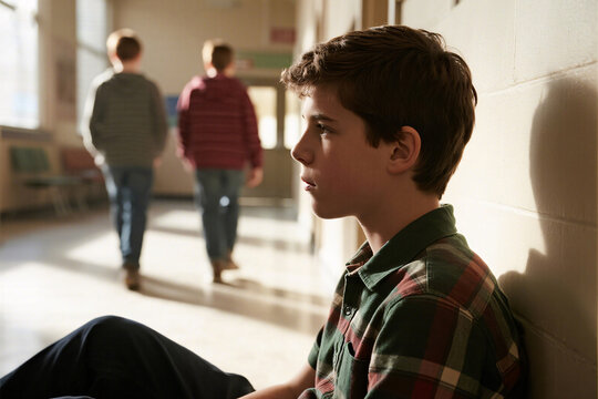 Anxious boy sitting on the floor in school hallway, back against the wall, emotional moment with selective focus, blurred students passing by, photorealistic lighting