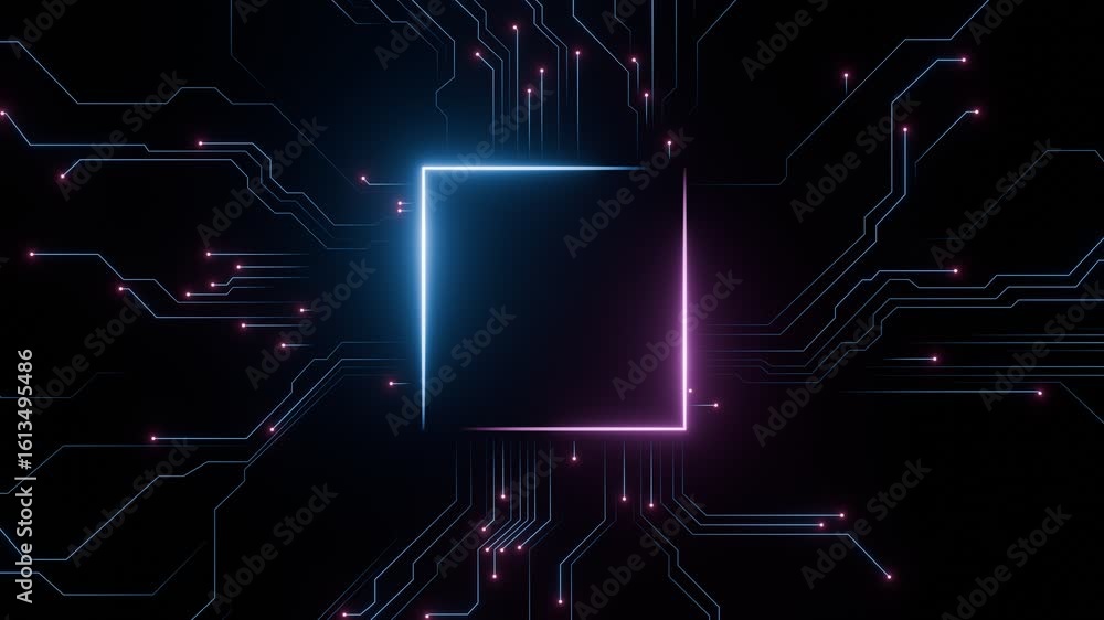Poster futuristic microchip with glowing neon circuits frame. digital technology, and ai in a high-tech vir