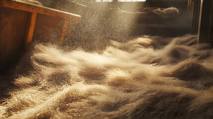 Sunlight illuminates a floor covered with loose, light-brown fibers.  Dust motes dance in the beams
