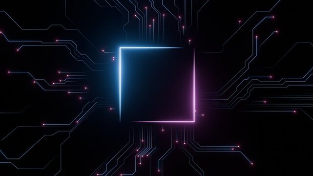 Futuristic Microchip with Glowing Neon Circuits Frame. Digital Technology, and AI in a High-Tech Virtual Interface. Product display background. Seamless loop. Created using non-AI 3d software