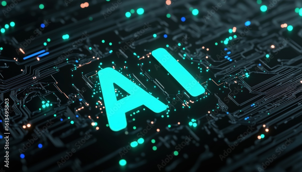 Poster green and blue ai wave neural network design on a black background symbolizing the future of technol