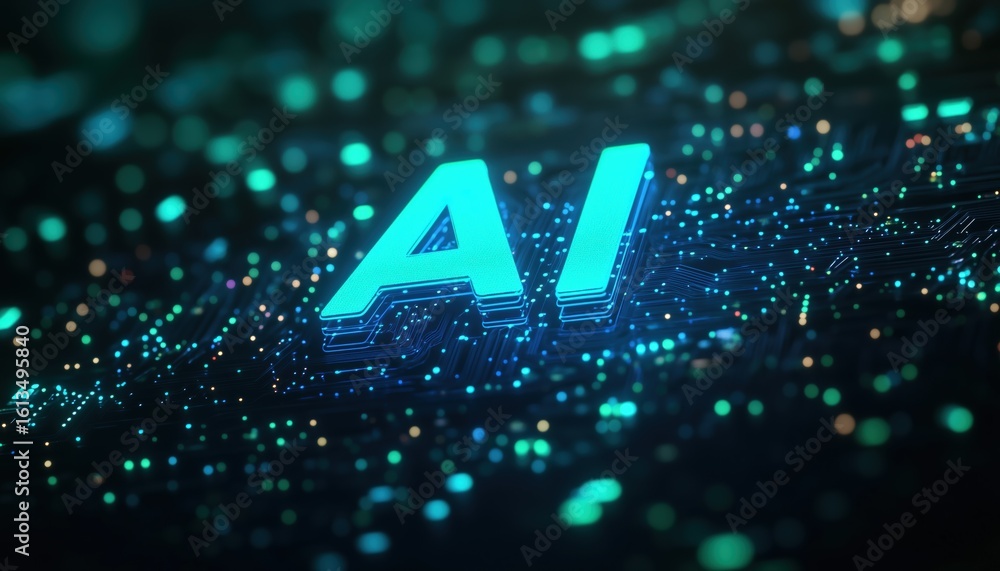 Poster ai wave: neural network featuring green and blue ai lettering on black background - a technological 