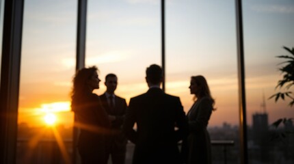 Blurred silhouette of a business team having a meeting in a modern office with city skyline