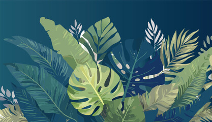 Watercolor backdrop of lush tropical greenery leaves vector illustrator banner