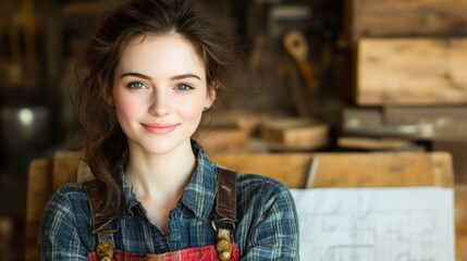 A young woman smiles confidently in a workshop setting, dressed casually in a plaid shirt and apron, surrounded by woodworking tools and materials, Ideal for DIY, craftsmanship