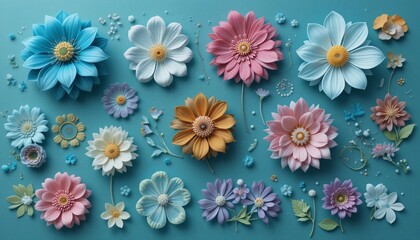 Colorful floral arrangement on a serene blue background, perfect for designs