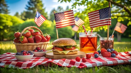 American independence day picnic with burger and berries