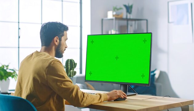 Man Working on Computer with Green Screen in Modern Office, Casual Man Uses Desktop PC with Chroma Key Screen