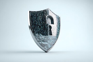 Dynamic digital shield with glowing binary code and keyhole symbolizes robust cybersecurity and data protection for modern businesses