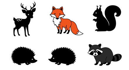 Naklejka premium Forest animals silhouette icon set in flat vector style 