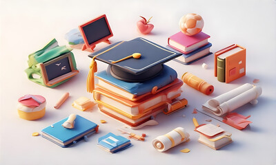 Graduation cap and stack of books surrounded by school supplies