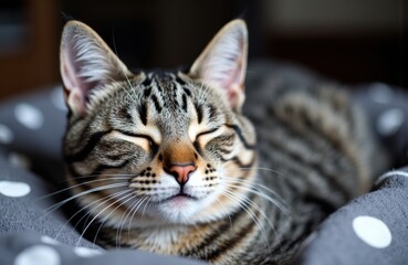 Obraz premium Close-up of a relaxed tabby cat with closed eyes lying on a polka dot blanket